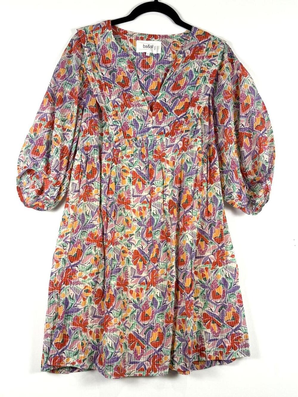 ba&sh Lady Dress‎ Multicolor Ecru Floral Puff Sleeve V-Neck Mini Small